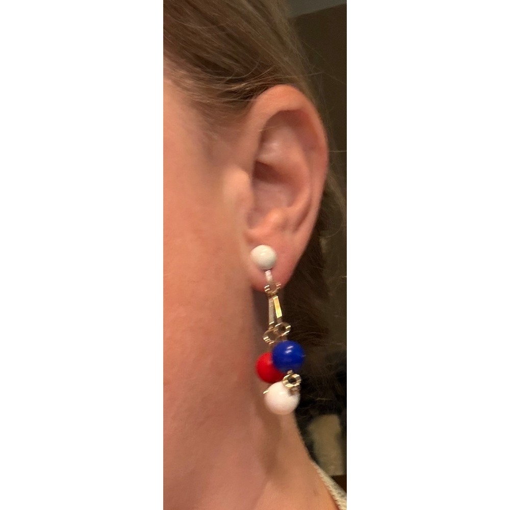 Vintage Dangle Earrings July 4th Red White Blue Good Patriotic Clip On Beads